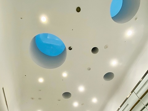 五樓頂層天窗大小錯落，天光藍白交織，光影隨時序靜靜流轉，星空讓閱讀更具詩意